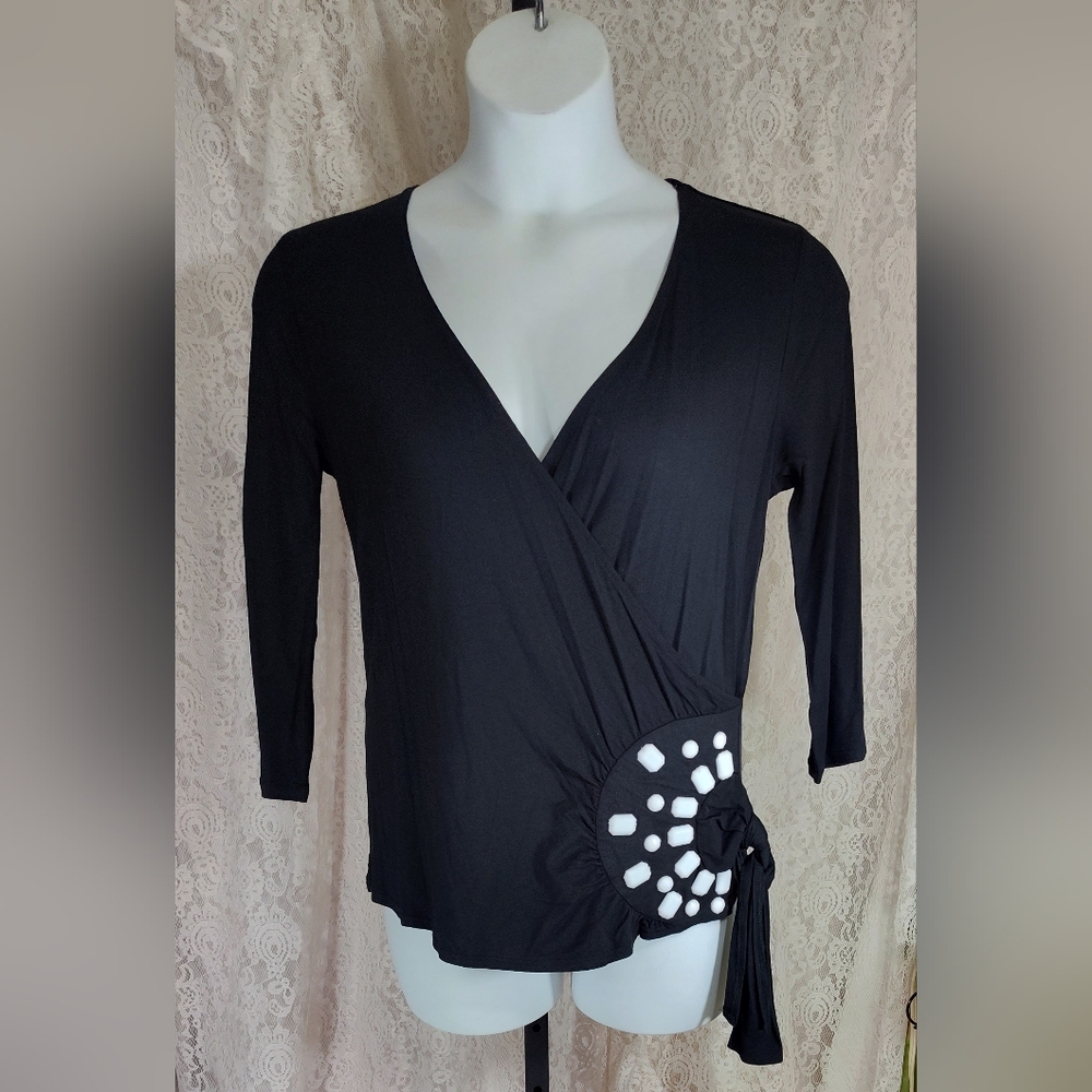 Erin Matthews Black Surplice Top white accent stones NWOT